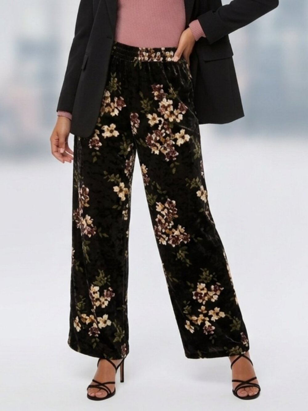 Womens Wide-Leg Velvet Pants Floral Black Boho Cottagecore Party Festive Size L